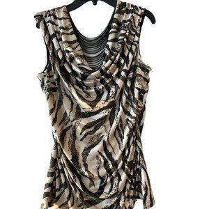 A. Byer Zebra Striped Cowl Neck Cap Sleeve Blouse Top Women's Gold Tones L